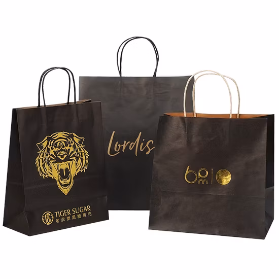Arte promocional impressa reciclada personalizada para compras de presente marrom/branco Sacos de papel kraft com alça torcida